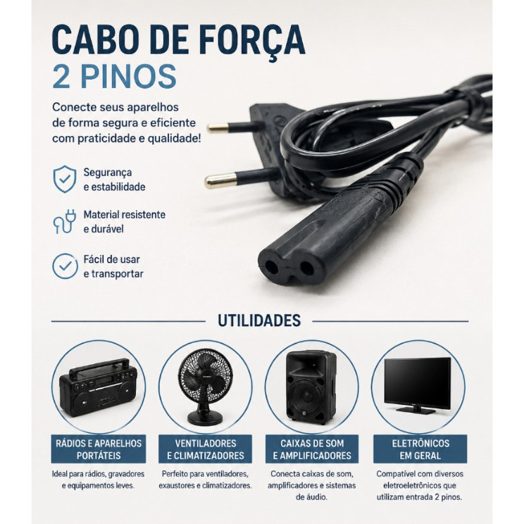 Cabo De Energia Bipolar Para PS3 PS4 Impressora TV Rádio 1,5 Metros
