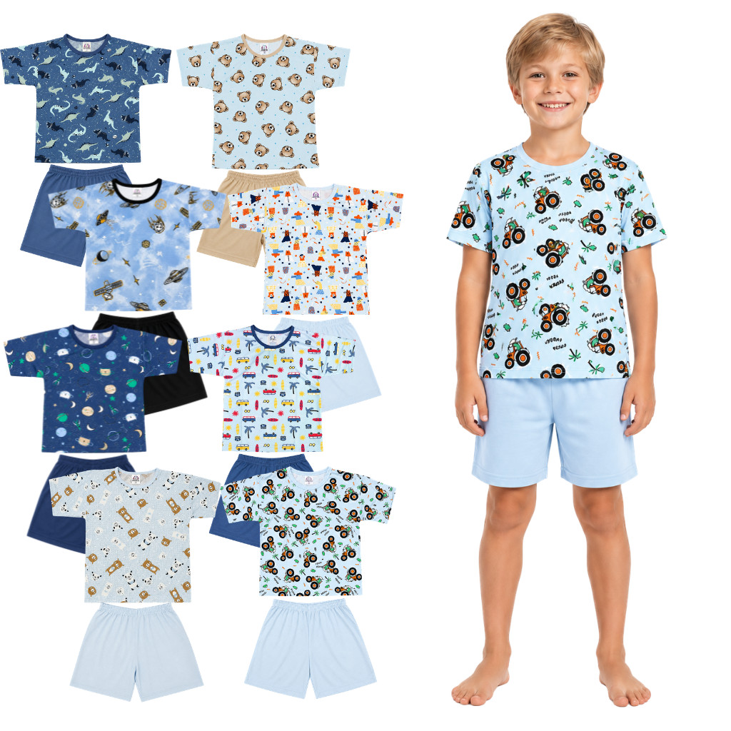 Kit 4 Pijamas Verão Infantil Masculino Manga Curta Estampa Sortida 2 ao 8