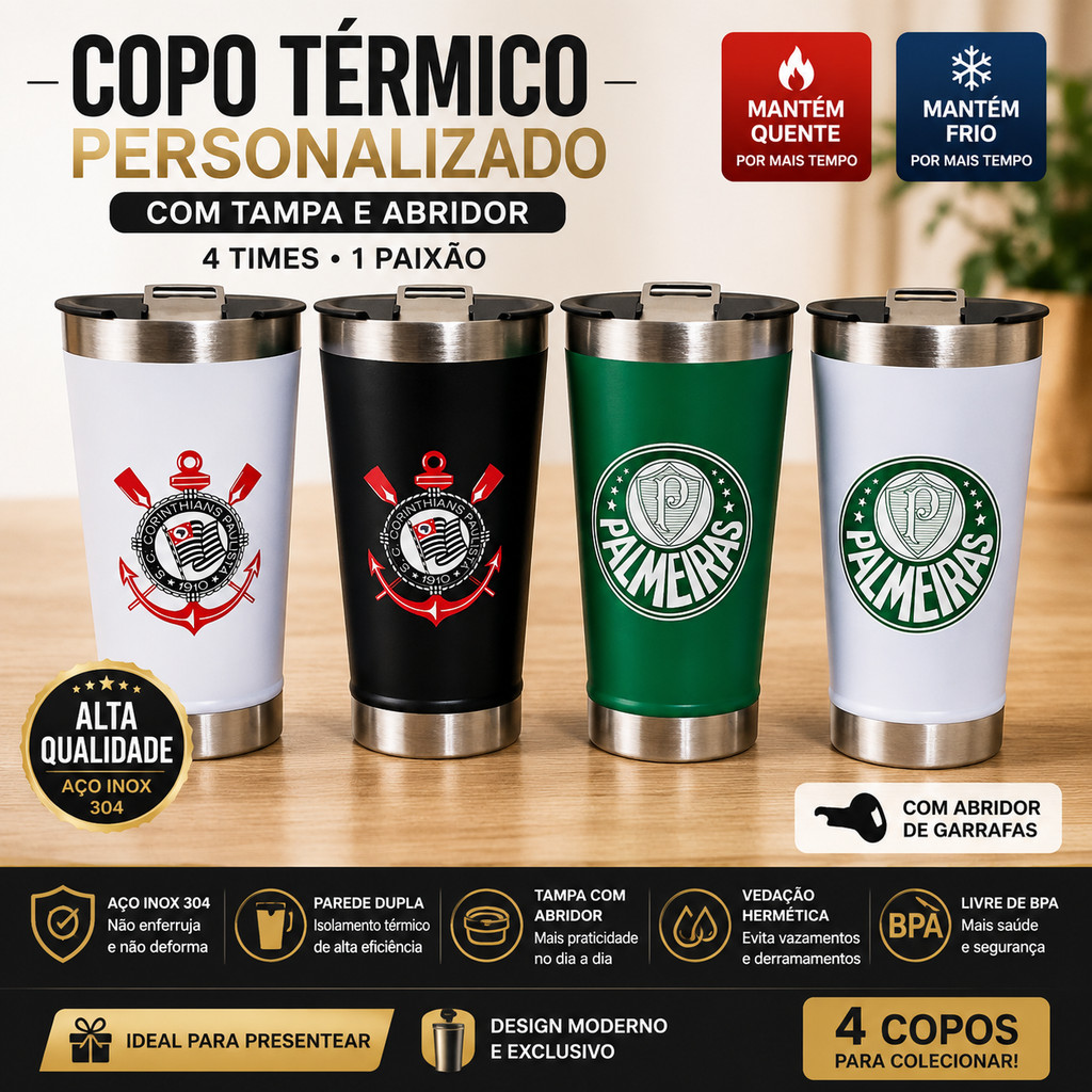 Copo Térmico de Time Em Aço Inox Com Tampa Premium Mantém Bebidas Geladas E Quentes Por Mais Tempo