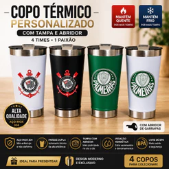 Copo Térmico de Time Em Aço Inox Com Tampa Premium Mantém Bebidas Geladas E Quentes Por Mais Tempo
