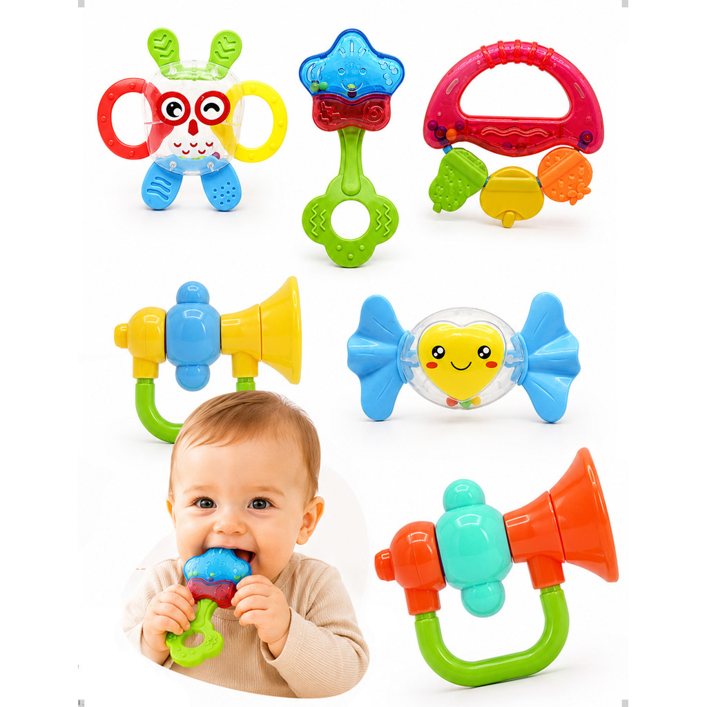 Kit 5 Mordedores e Chocalhos para Bebê Brinquedo Sensorial  Dentição Infantil Educativo Montessori