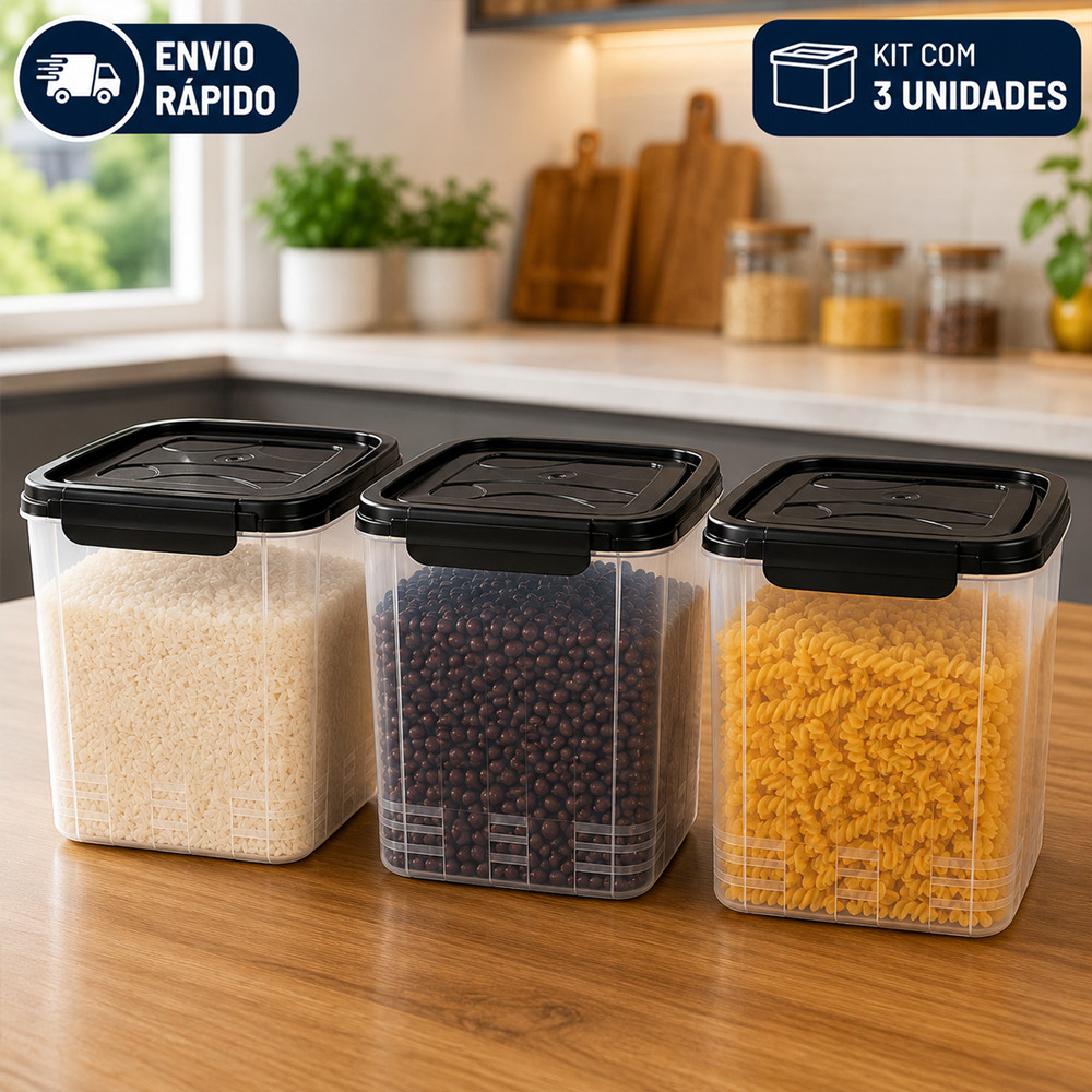 Kit com 3 Potes Herméticos Marmita 500Ml 850Ml 2,2L Com Travas Laterais - Livre de BPA Alimentos
