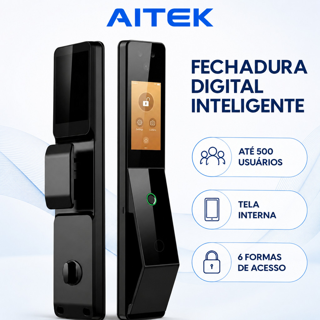 Fechadura Digital Inteligente Aitek com Reconhecimento Facial Biometria Wi-Fi App Senha Cartão Tela Interna