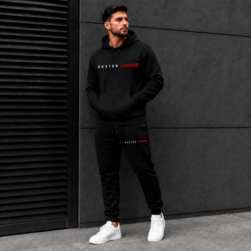 Conjunto Moletom Boston Unissex Blusa com Capuz e Calça Jogger Estilo Streetwear Confortável