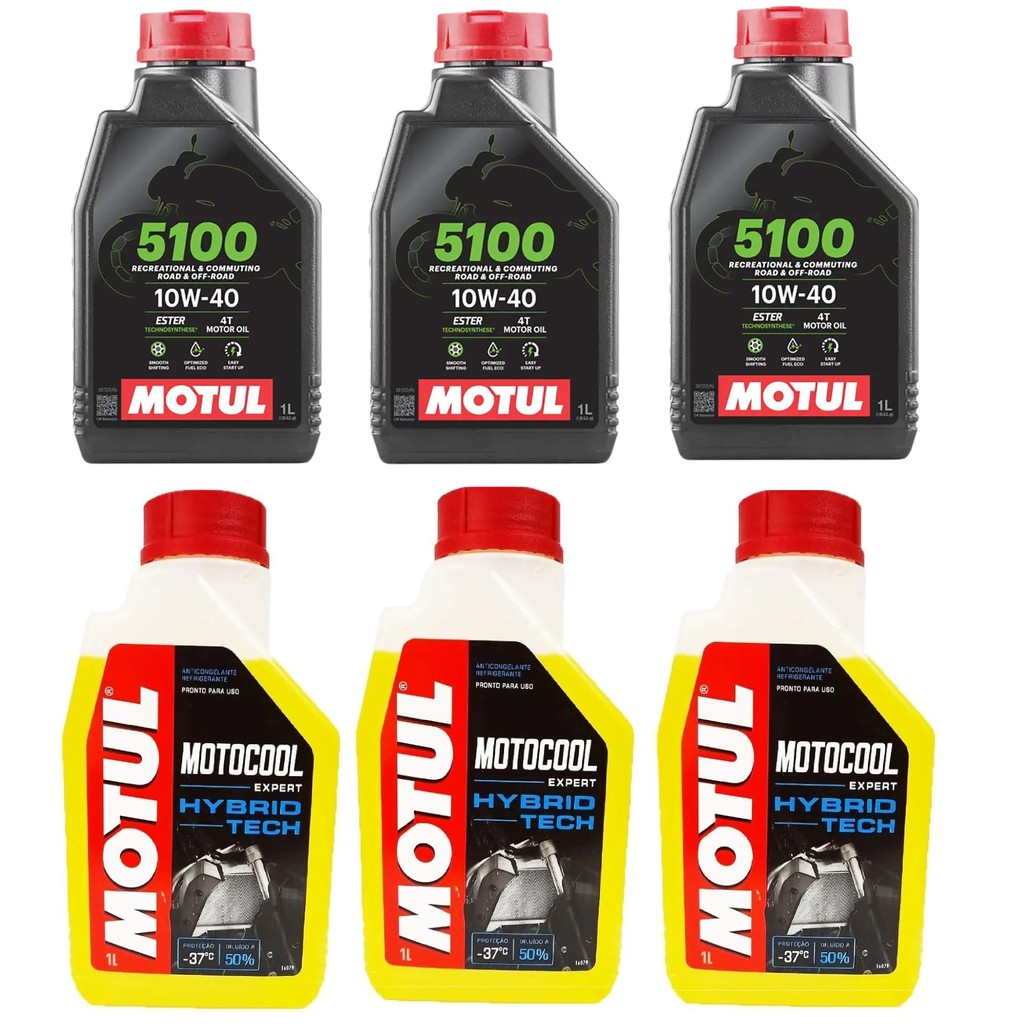 KIT TROCA DE OLEO MOTO 3X MOTUL 5100 10W40 + 3X MOTOCOOL ANTICONGELANTE YAMAHA MT09 TRACER 900