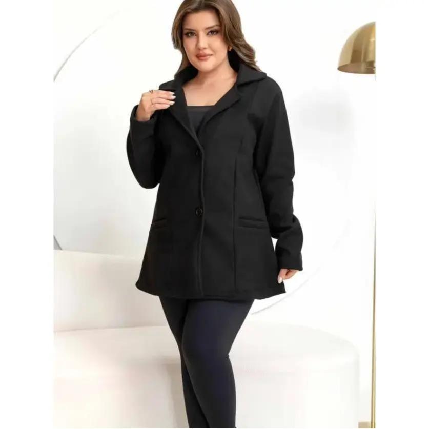 Casaco Sobretudo Blazer Médio Feminino com Bolsos Botões Lã Batida Elegante Tendência Inverno