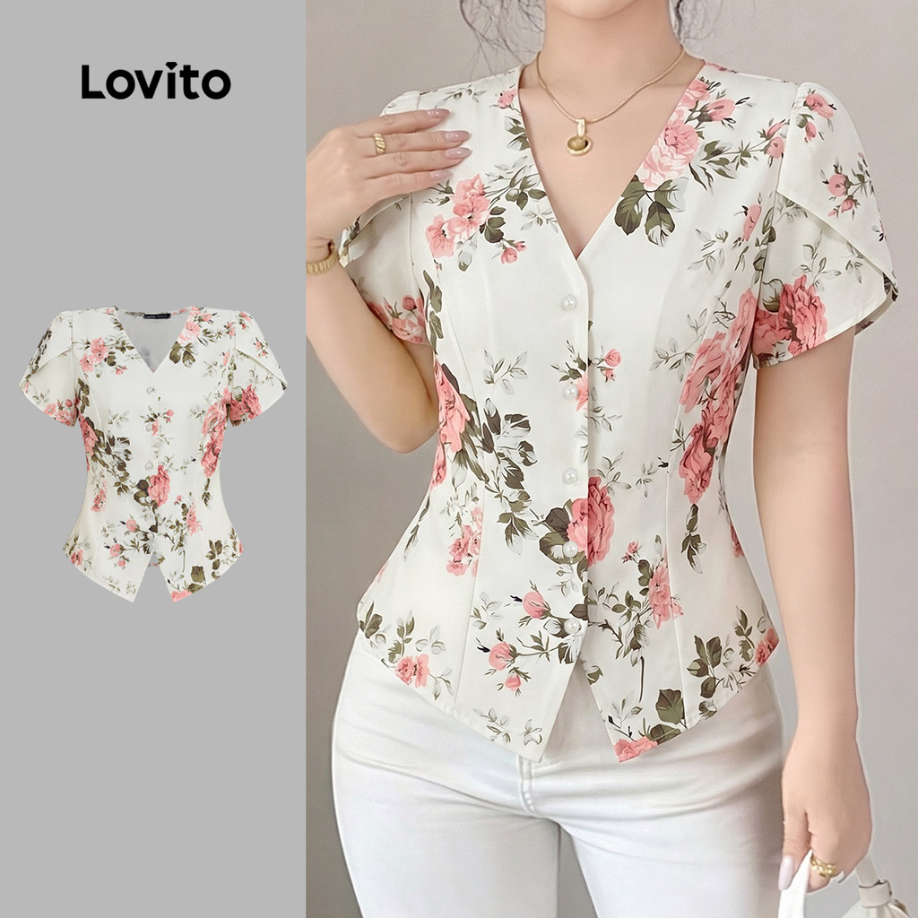 (New Arrival) Lovito Blusa Elegante Botão Blusa Feminina Primavera/Verão LK7ED36