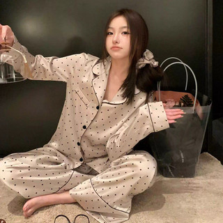 Pijama Feminino Elegante de Bolinhas para Primavera/Verão, Manga Longa e Calças, Cardigã Estilo Ins, Roupa de Casa Fresc