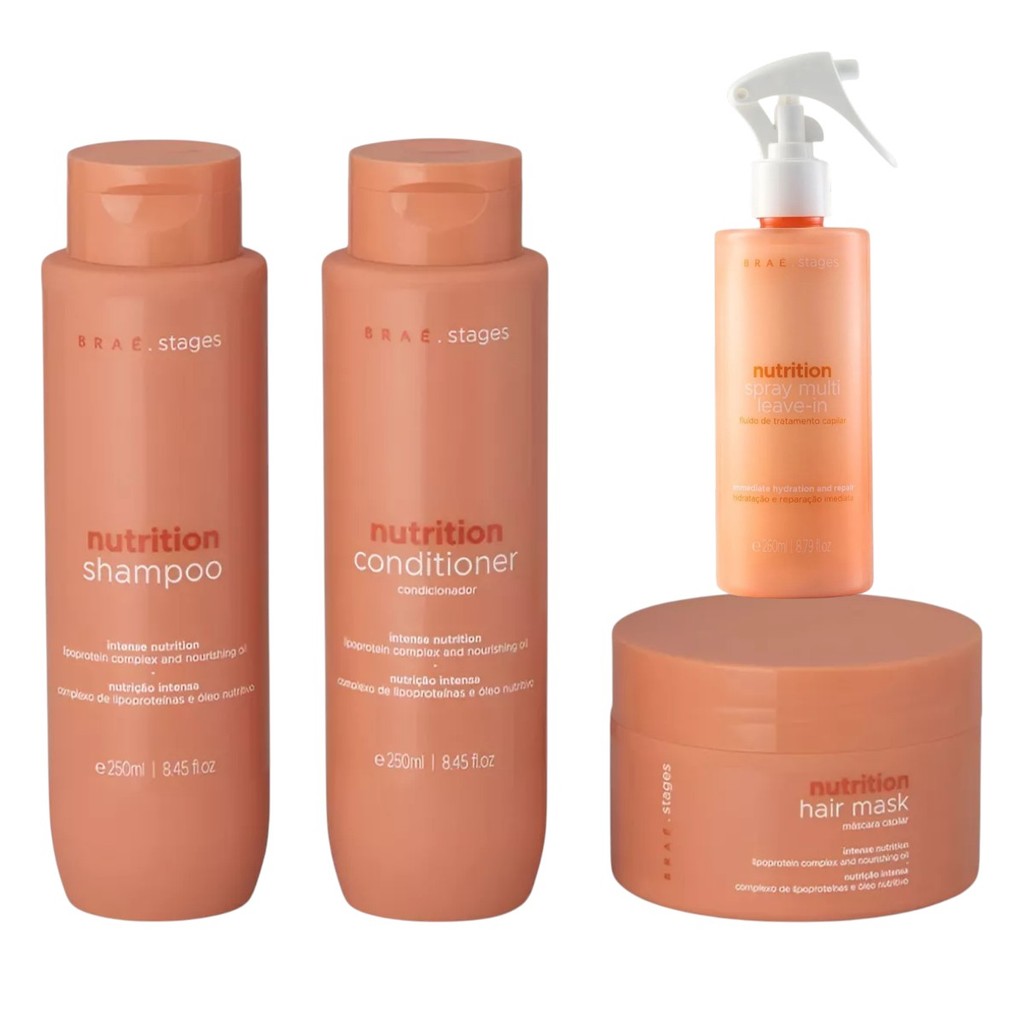 Kit Braé Stages Nutrition Shampoo, Cond 250ml, Máscara 200g e Spray Multi Leave-in 260ml