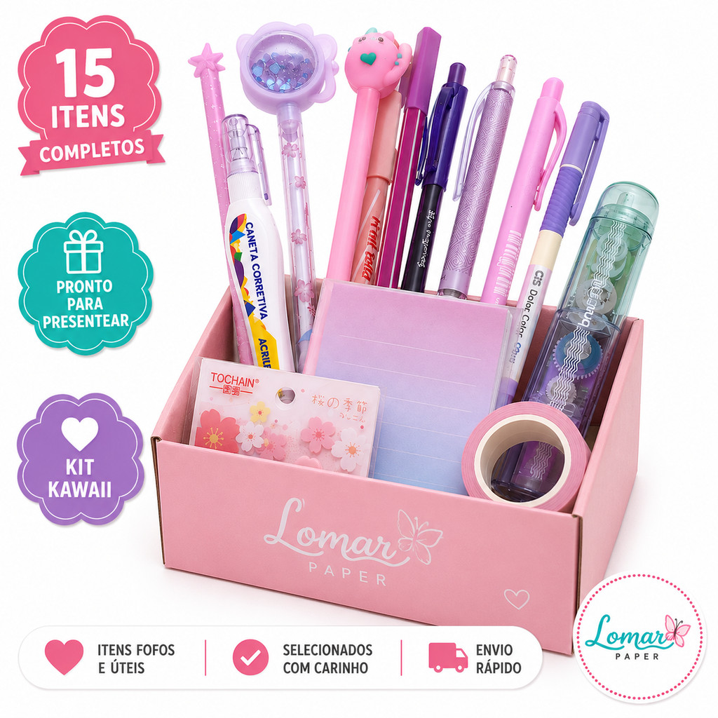 Caixa Love Papelaria – Kit Papelaria Fofa Completo com 15 Itens Kawaii Presente Criativo