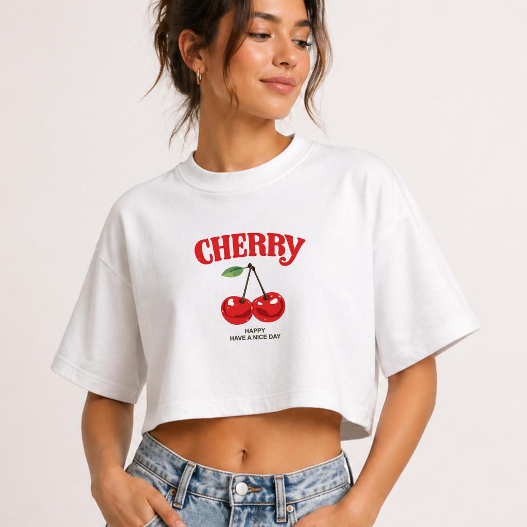 Cropped Feminino Cherry Cereja Estampado 100% Algodão 30.1 Camiseta Cropped Oversized Casual Streetwear Premium Promoção