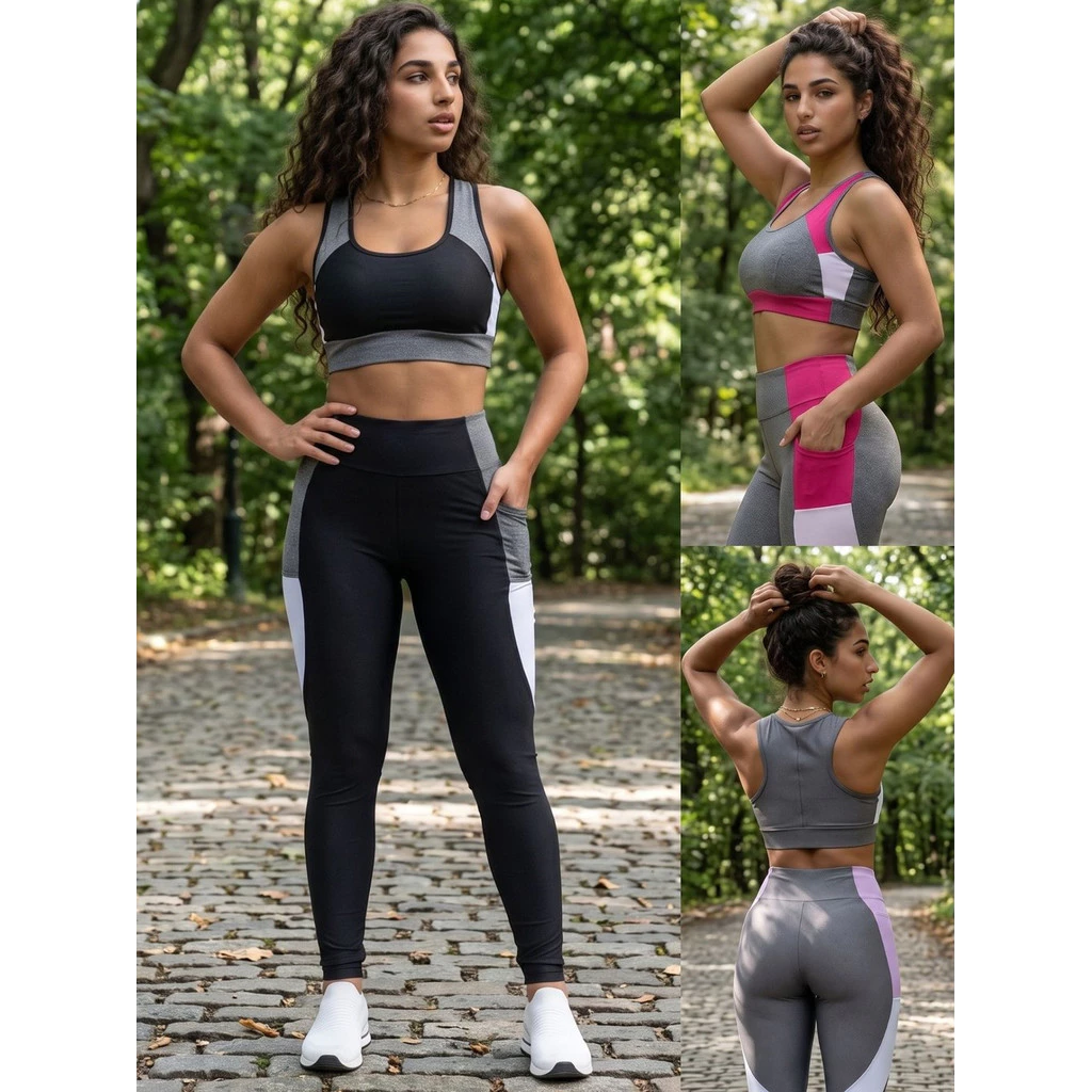 Conjunto Fitness Feminino Suplex Bolsos Laterais Legging Cós Alto + Top Sem Bojo Academia Promoção — imagem 1