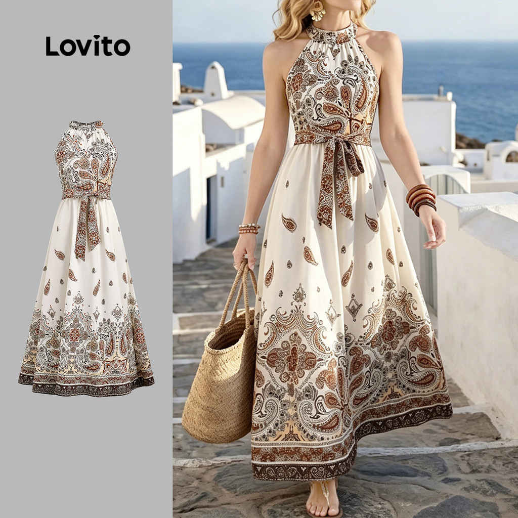 (New Arrival) Lovito Padrão de Vestido Boho Vestido de Primavera/verão com Cinto