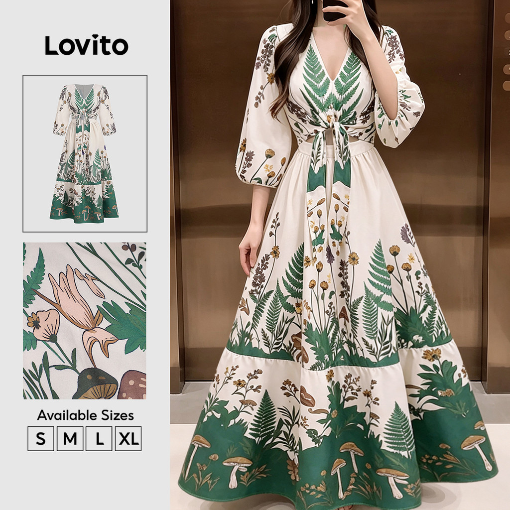 (New Arrival) Lovito Vestido Boho com Renda e Padrão de Recorte para Mulheres Primavera/Verão DRB38BR061
