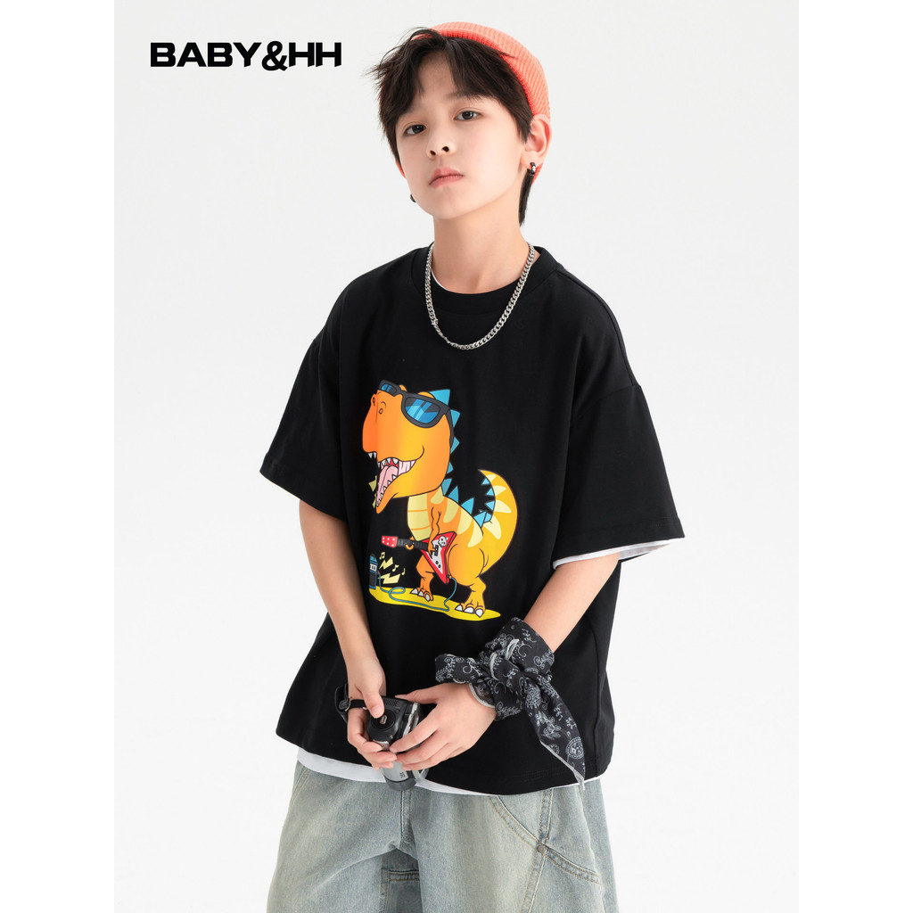 Meninos verão dos desenhos animados dinossauro preto camiseta de manga curta 2026 novo estilo crianças meninos verão sol