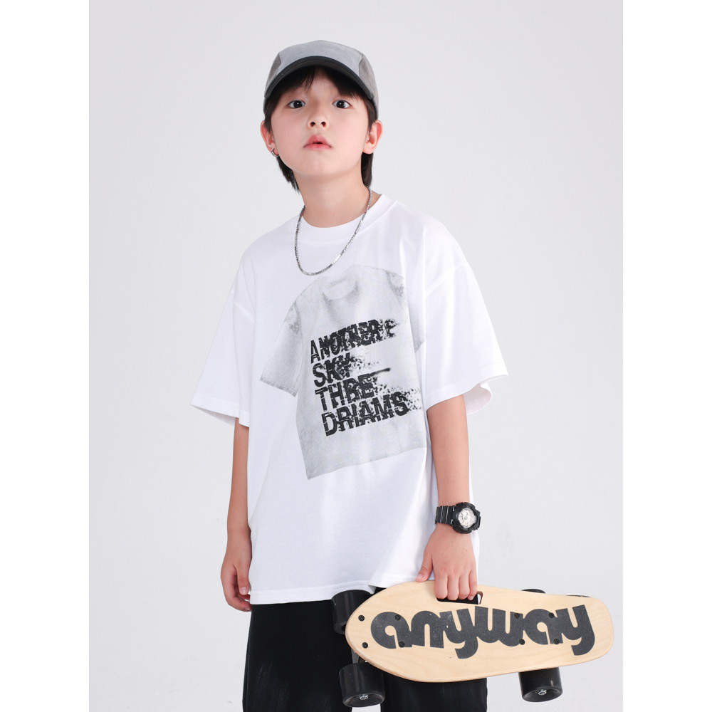 Grande menino verão estilo coreano puro algodão de manga curta camiseta branca 2026 novo estilo crianças meninos verão s