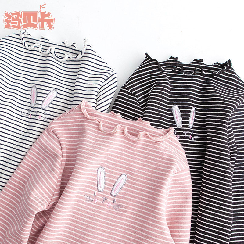 Meninas listrado camiseta de manga comprida primavera outono novo estilo estilo ocidental em torno do pescoço médio gran