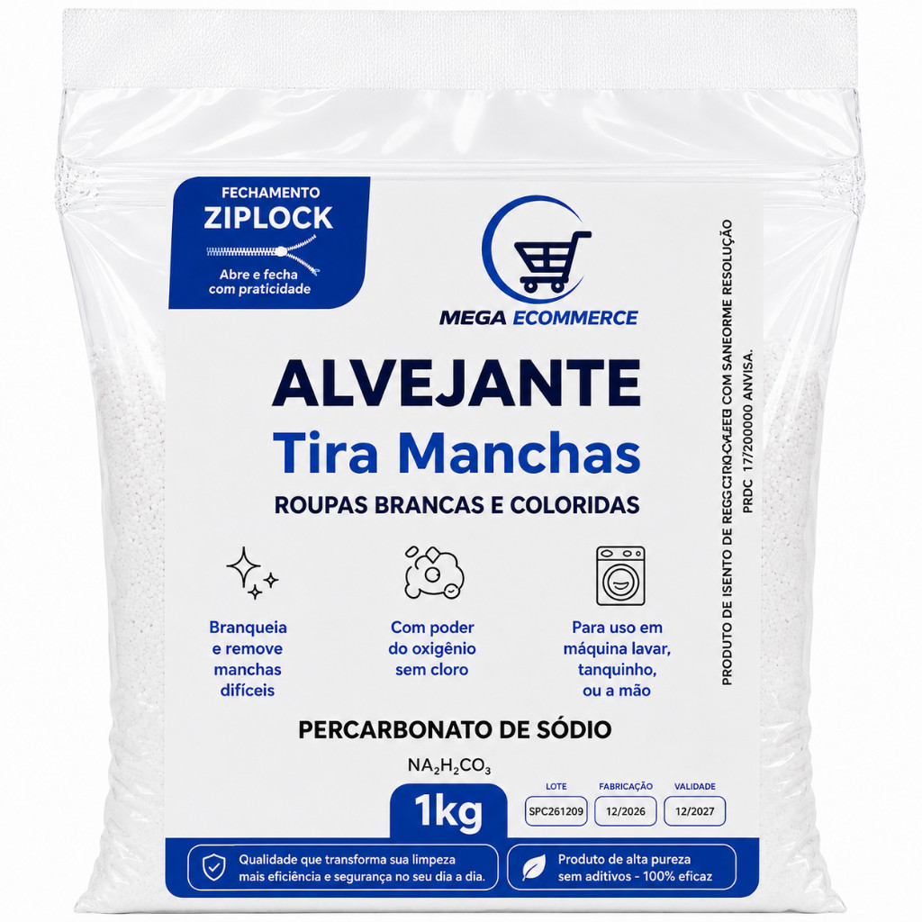 Percarbonato de Sódio 100% Puro 1kg Alvejante Tira Manchas Sem Cloro Roupas Brancas e Coloridas Granulado