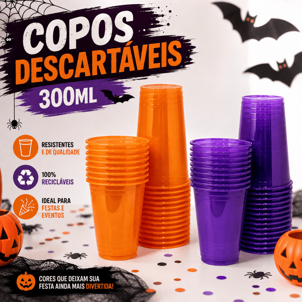 Kit 100 Copos Gold Neon 300ml Halloween Festa Neon