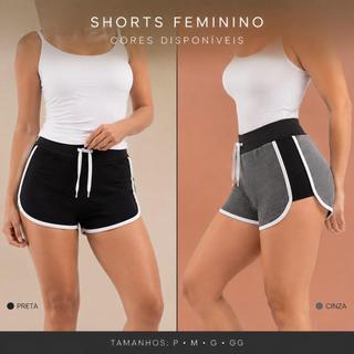 Shorts feminino cintura alta com elástico GG cinza - poliéster e elastano, cós largo com cordão, acabamento contrastante