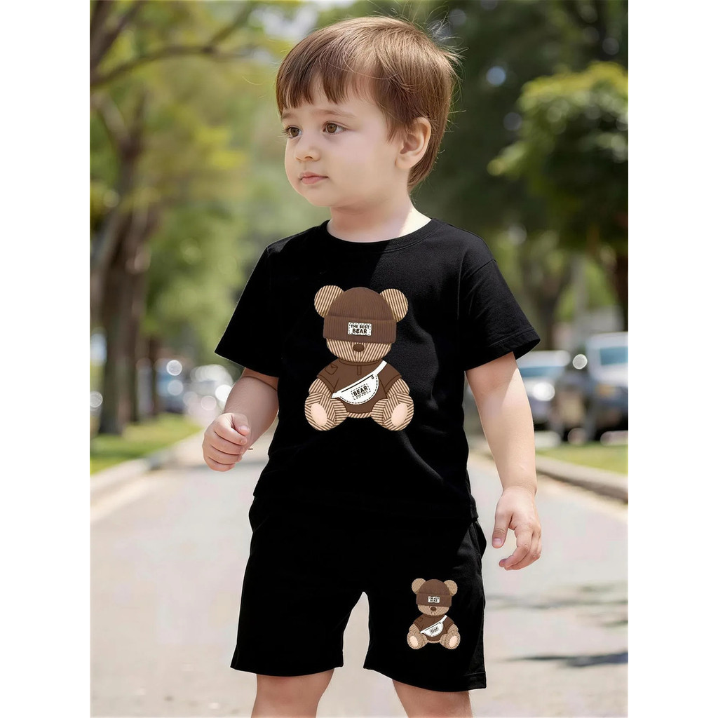 Conjunto Infantil Menino Ursinho Camiseta Manga Curta + Bermuda Moletinho Roupa Infantil Estilosa