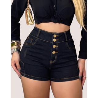 Short Jeans Feminino Cintura Alta Com Elastano 4 Botões Levanta Bumbum Modelagem Confortável Lycra