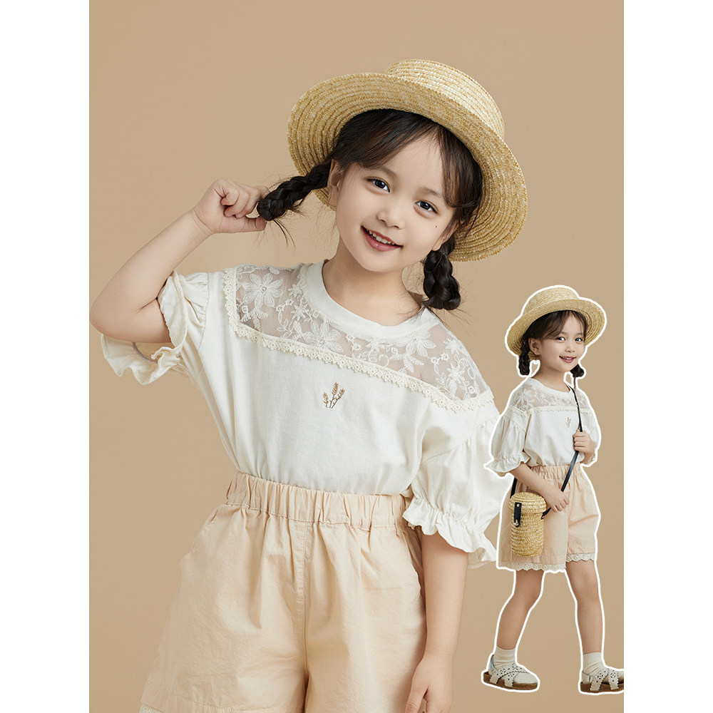 Meninas de manga curta camiseta verão novo estilo bordado rendas roupas infantis puro algodão crianças estilo ocidental 