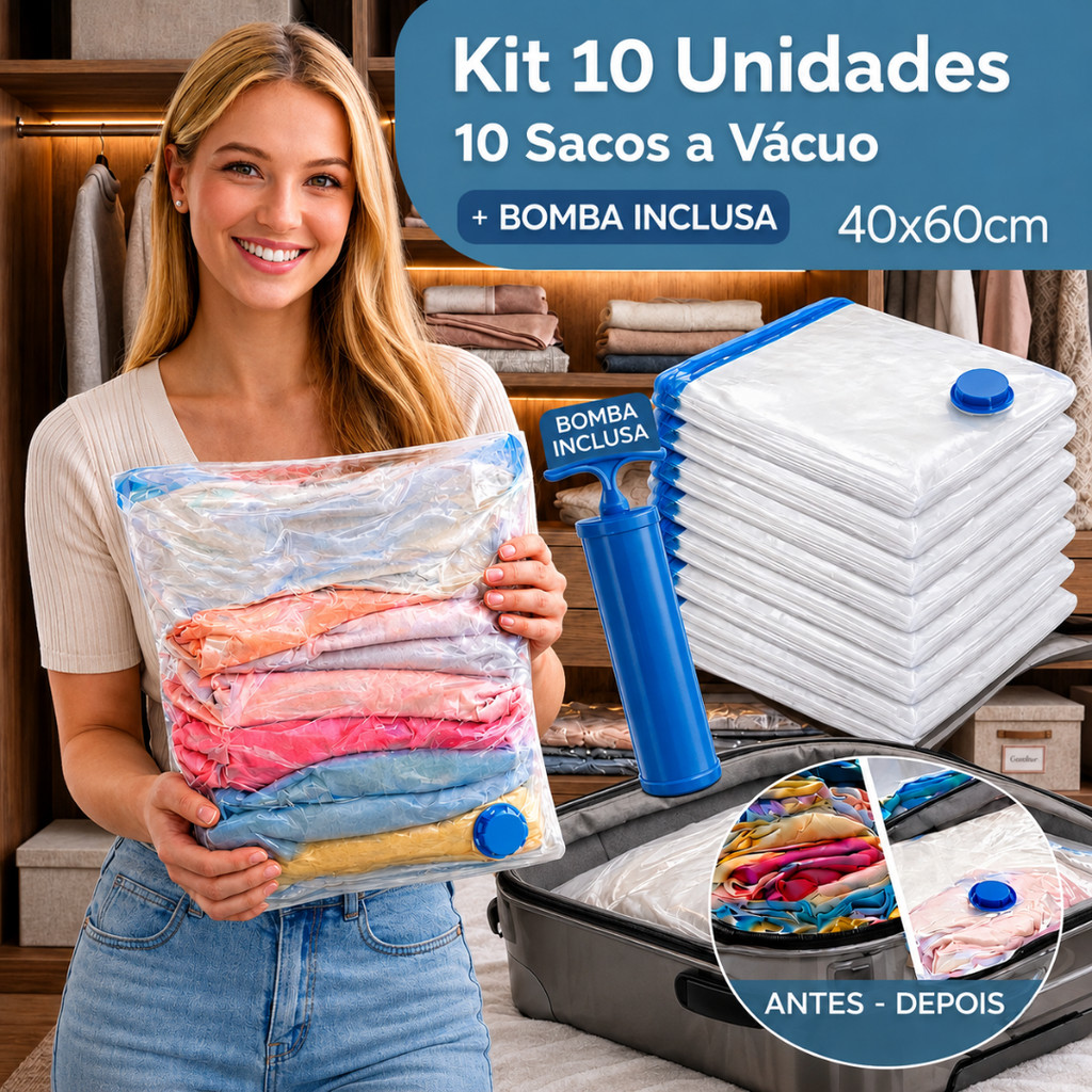 Kit 10 Sacos A Vácuo Médio Com Bomba Organizador Edredom Mala Roupa De Cama Tamanho Médio 40x60
