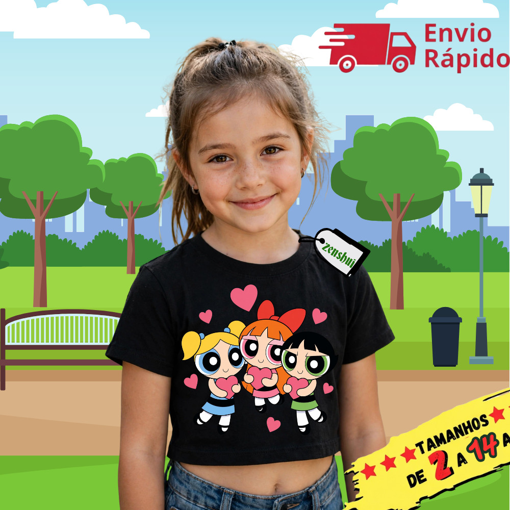 Camisetas  cropped Femeninas T-shirt Super Poderosas Docinho Lindinha Florzinha Malha Algodão