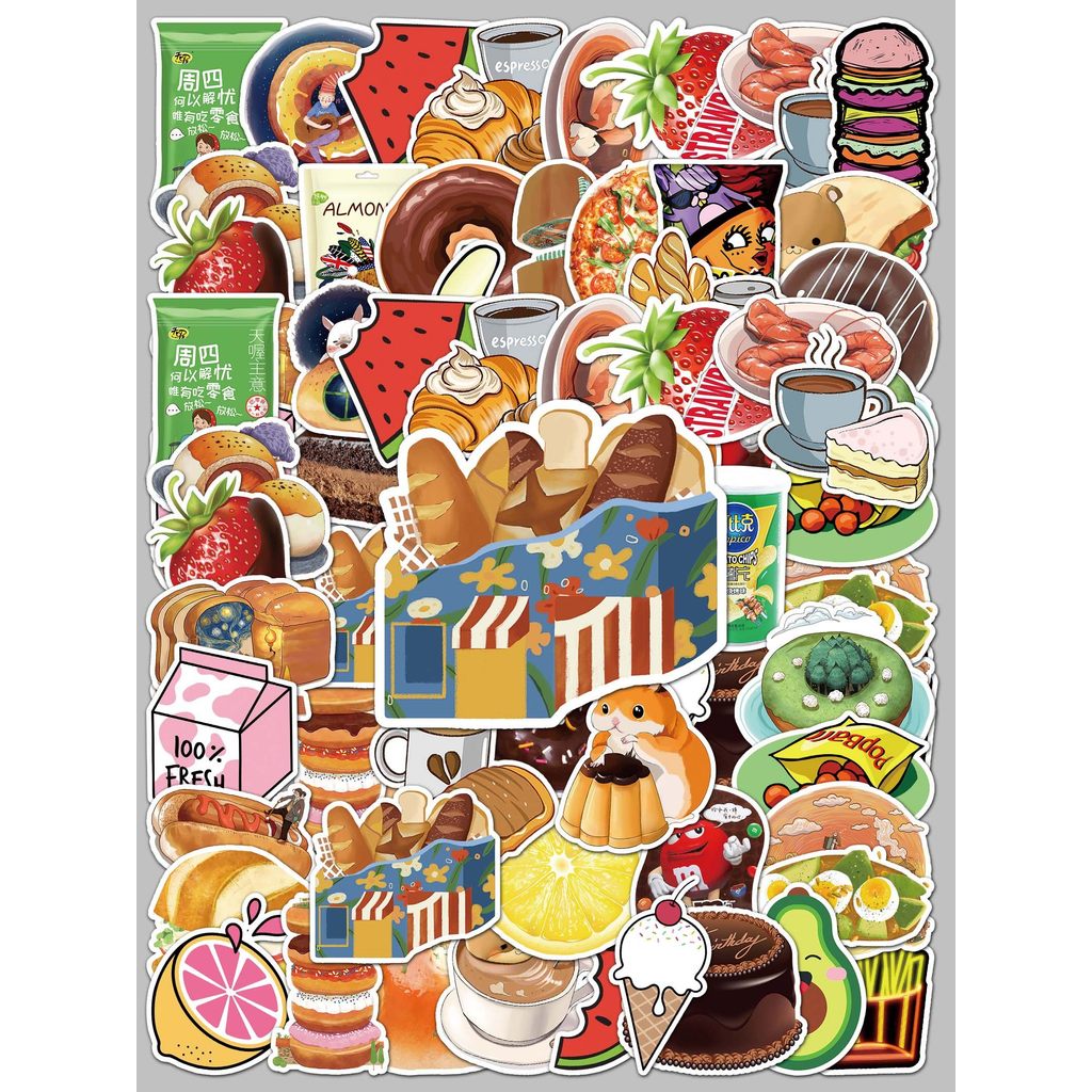 50 folhas não repetitivas comida bebida adesivos carro bagagem guitarra Scooter computador dos desenhos animados Graffit