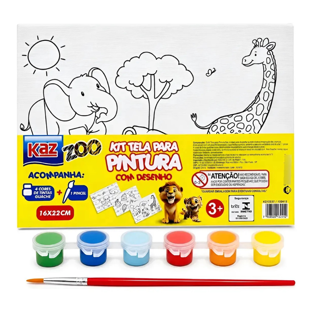 Kit Tela Pintura Infantil Desenho Animais 20x30cm 6 Cores Tinta Guache Pincel Kaz