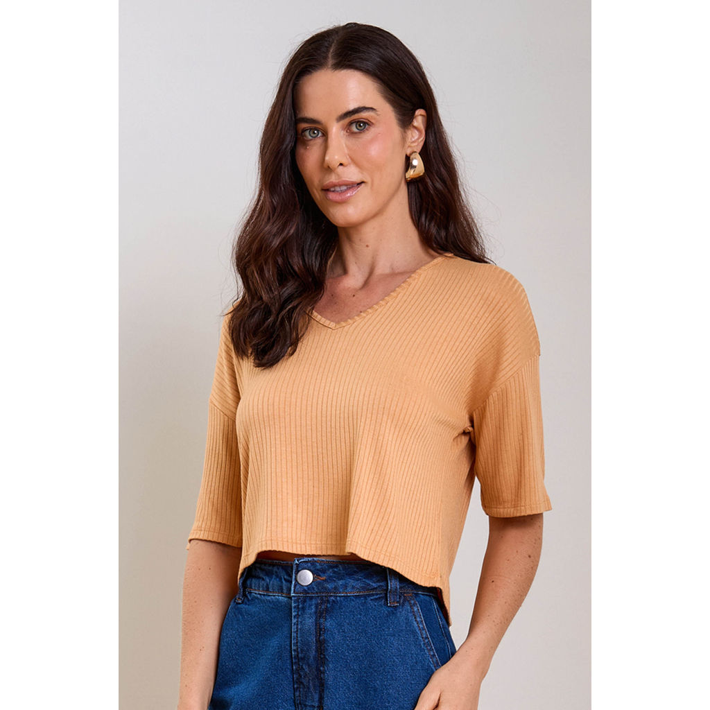 Blusa Feminina Comfy Canelada Decote V Marialícia Laranja