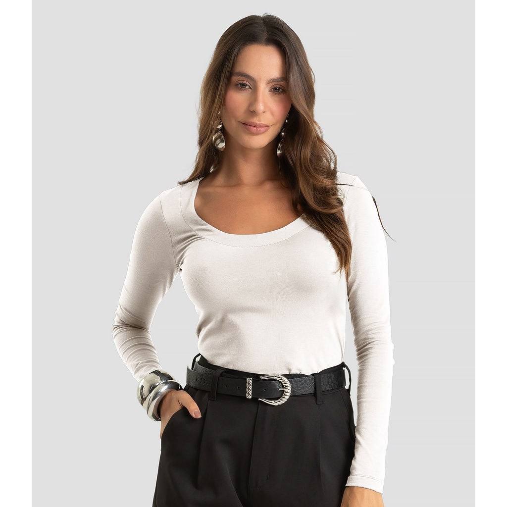 Blusa Feminina Manga Longa Em Cotton Leve Dianna Bege