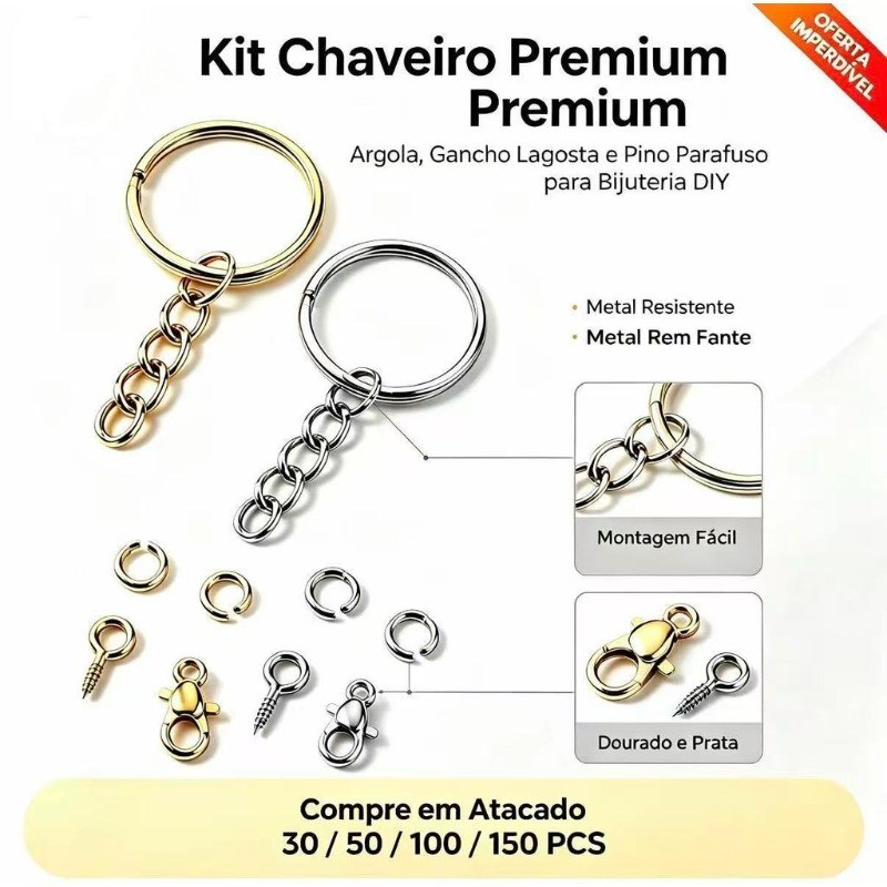Kit Chaveiro Argola Corrente Elo Gancho Lagosta Pino Parafuso 30/50/100/150 Pcs Dourado Prata Bijuteria DIY Artesanato