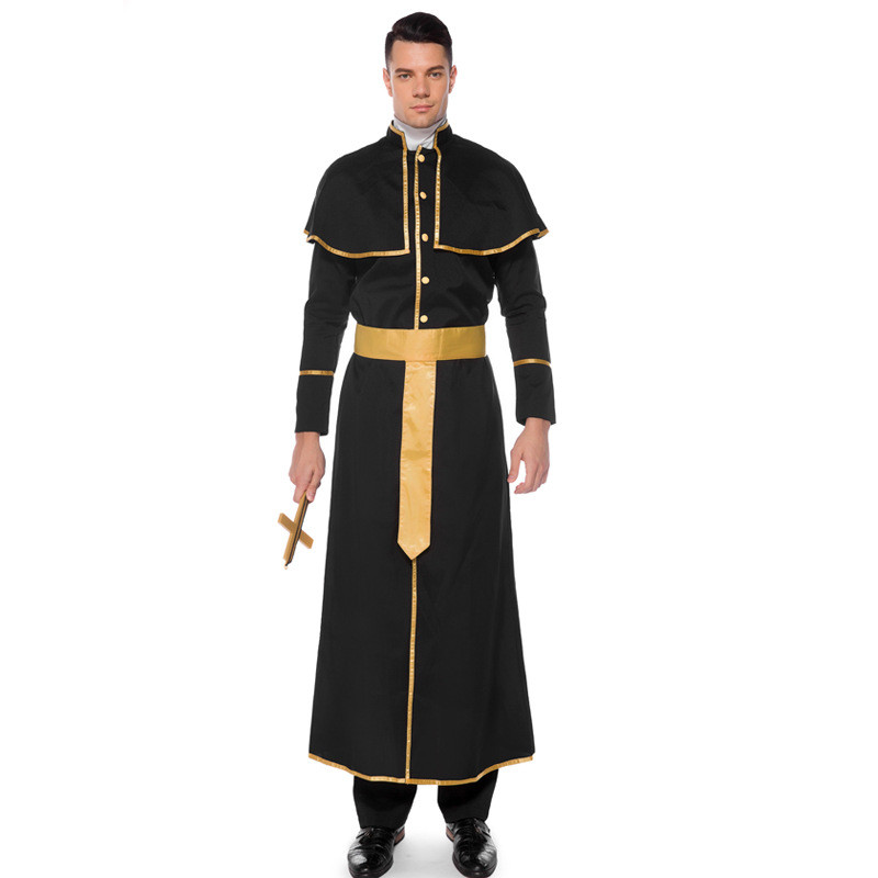Traje de Halloween masculino adulto profissional Role-Playing cosplay Pastor romano pai preto Robe festa traje