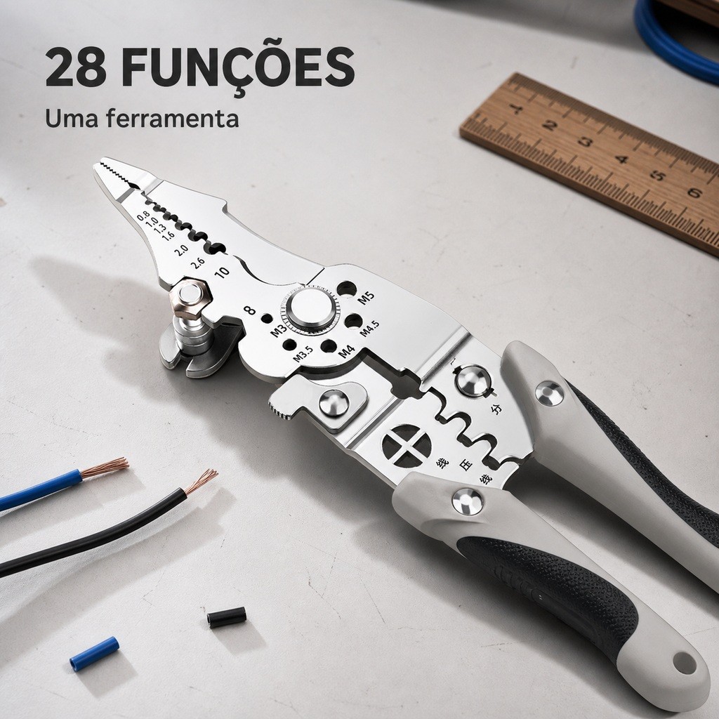 Alicate de Fios 28 em 1 com Cabo Antiderrapante para Descascar Cortar Crimpar e Dobrar