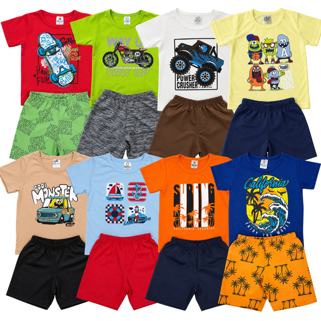 Kit 4 Peças Infantil Menino Verão Estampado Sortido 2 Conjunto Camiseta + Shorts Bebê