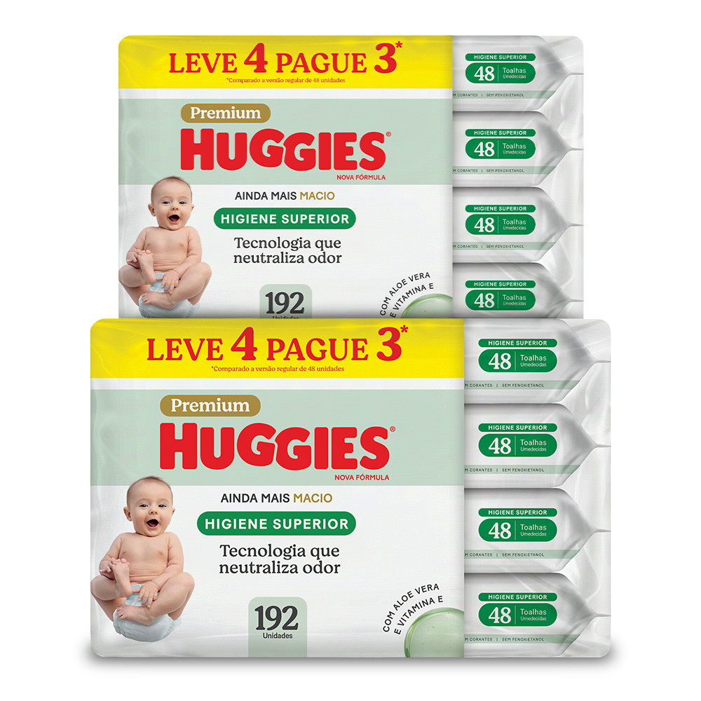 Kit 2 - Lenços Huggies Higiene Superior Limpam 2x Mais 4 x 48 Um