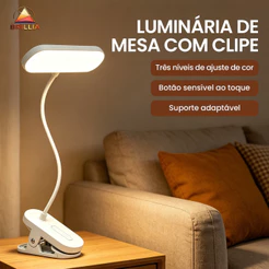 Luminária De Mesa Presilha LED Recarregável 3 Cores Dimerizável Cabeceira Quarto Maquiagem 1200mAh