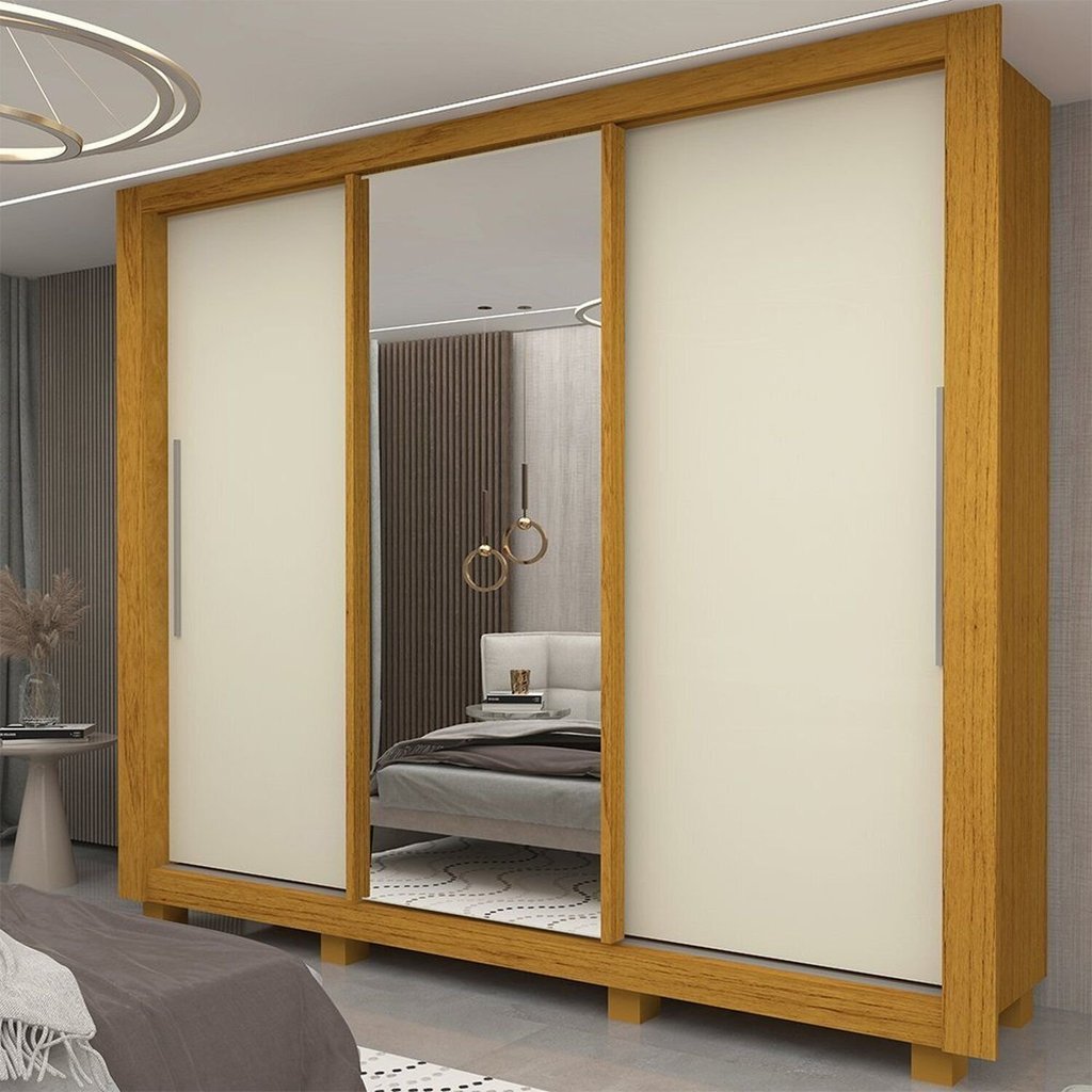 Guarda-Roupa Casal 3 Portas 1 Porta Espelhada com Pés Milão 100% MDF Yescasa Marrom/Marrome/Off White Naturale/Off