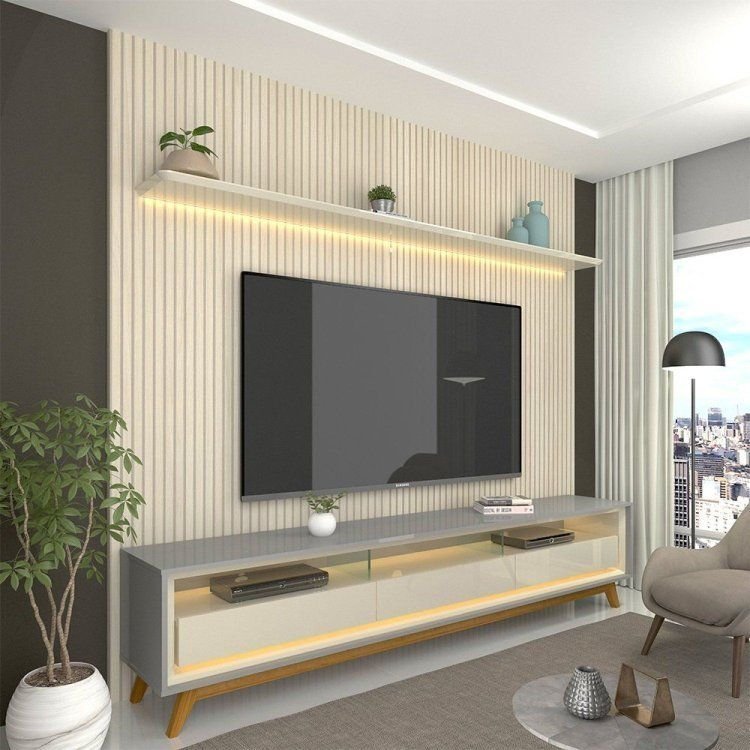 Rack com Painel Ripado Impresso TV até 90 Polegadas LED 100% MDF 224x250cm Pés em Madeira Maciça Cinza/Off White
