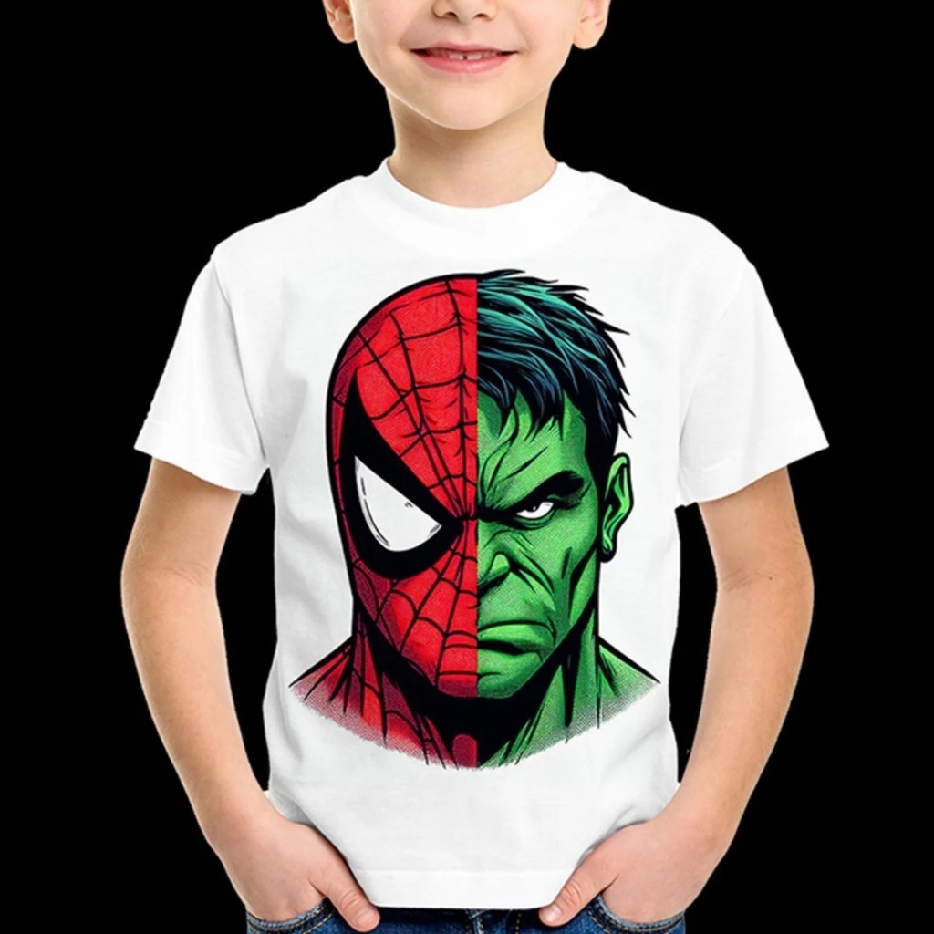Camiseta Masculina Infantil Estampada - Hulk e Homem Aranha 100% Algodão Envio Rápido