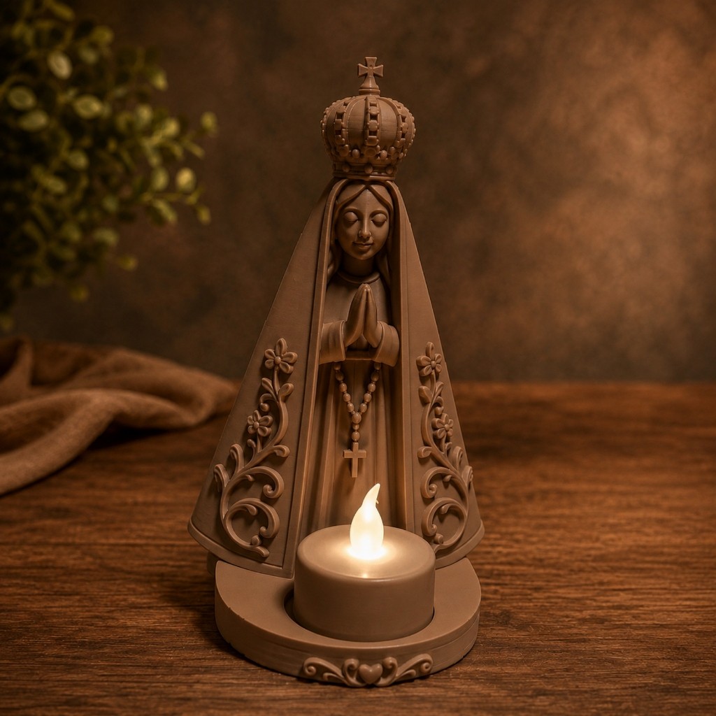 Nossa Senhora Aparecida com Vela LED Imagem Religiosa Decorativa 16cm Impressão 3D