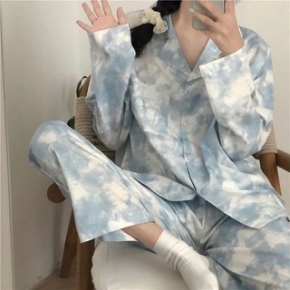 Influenciador ins pijamas femininos primavera verão versão coreana calças de manga comprida Cardigan de duas peças prima