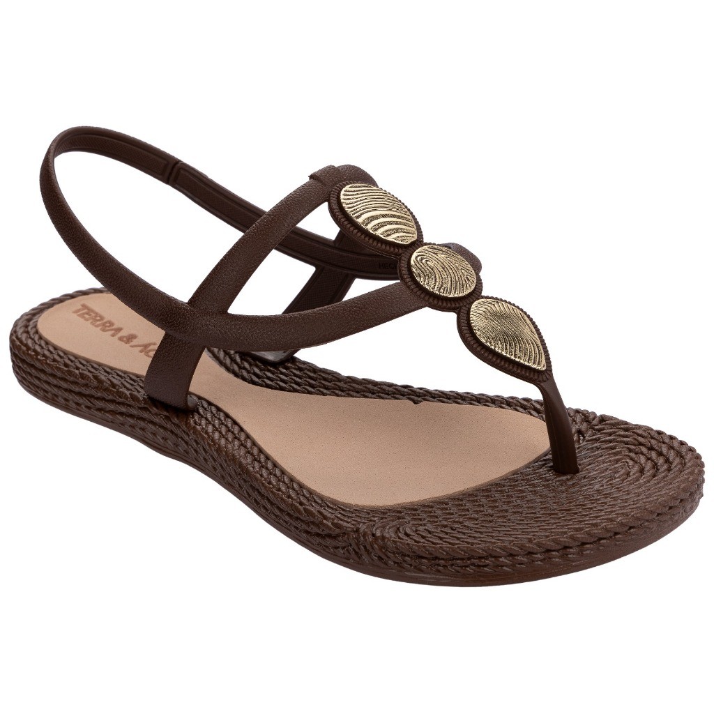 Sandália Feminina Terra & Água Rasteira Confortável Leve Detalhe Dourado 260114