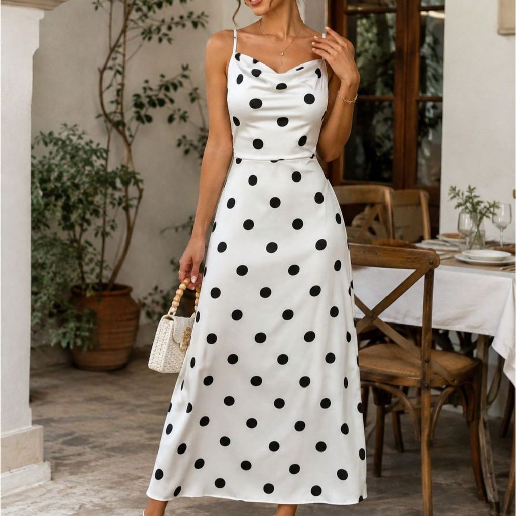 Vestido Feminino Midi Poá com Alças Finas e Decote Degagê – Elegante com Costas Abertas