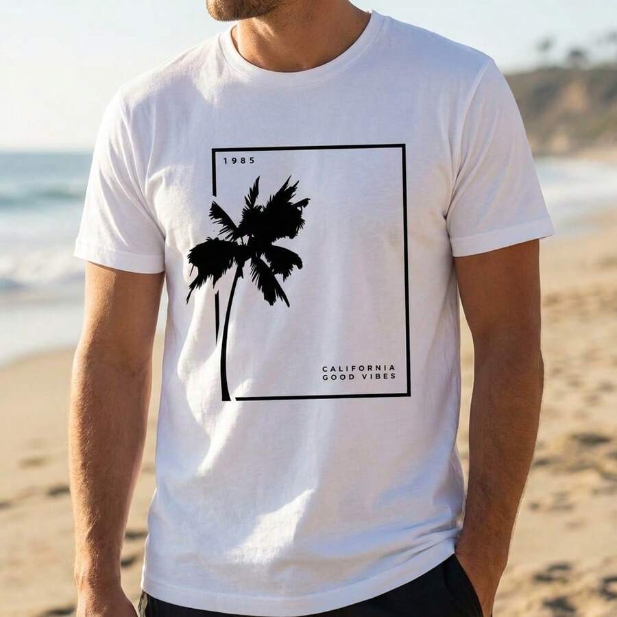 Camiseta Masculina Estampada Coqueiro California Good Vibes Praia Verão Tropical Casual Streetwear Manga Curta