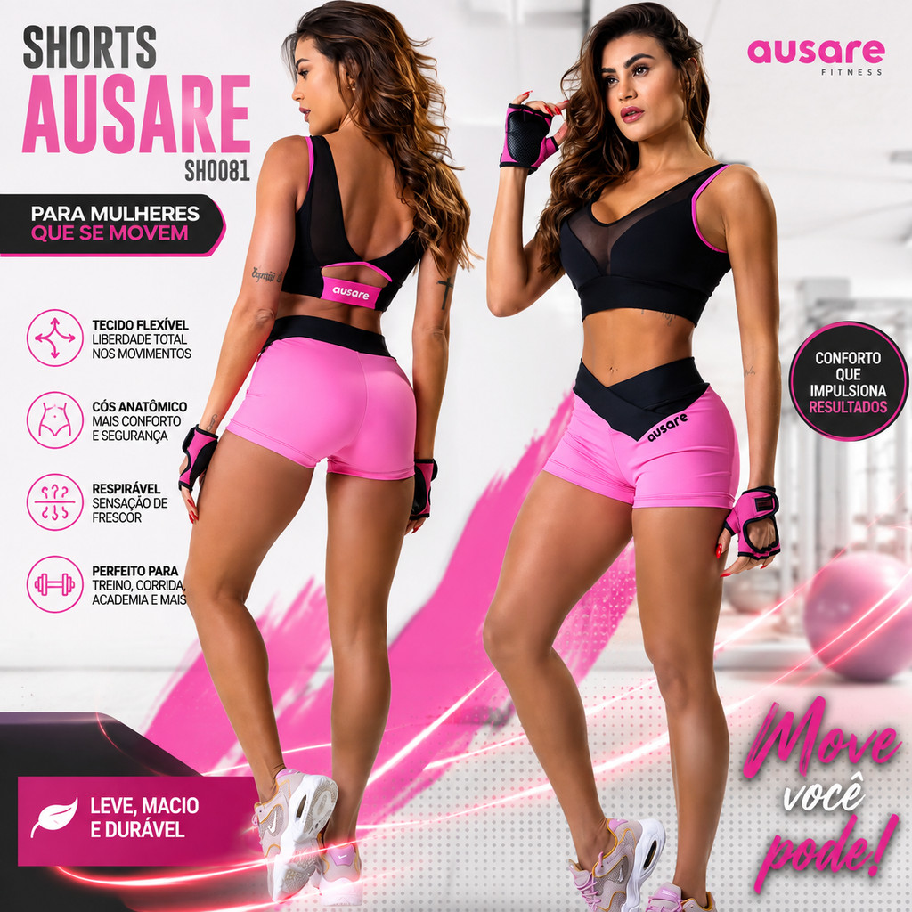 Shorts Academia Feminino Ausare SH0081 Fitness Treino Corrida Caminhada Musculação Academia Conforto Esporte Casual Leve