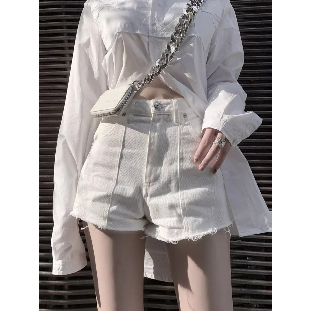 Shorts jeans branco feminino verão fino pequeno cintura alta solto em linha reta perna larga a linha calças quentes meni