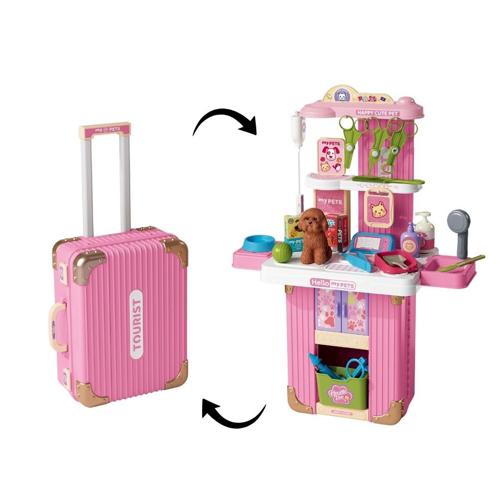 Bancada Pet Shop Infantil Mala Viagem 2 em 1 Rodinhas Cachorrinho Veterinário 35 Peças Maxi Toys